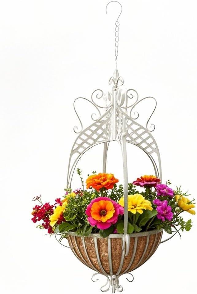 Large Hanging Planter for Outdoor Indoor Plants, 12.6-Inch Rustic Metal Hanging Basket for Farmhouse, Patio,Porch,Deck, or Garden, White