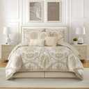 Stratford Park 7 Piece Gold Comforter Set, Elegant Floral Queen Size Bedding, Jacquard with Matching Solid Microfiber Piece Work, All Season Bedding Sets, Matching Bedskirt, Pillow Shams