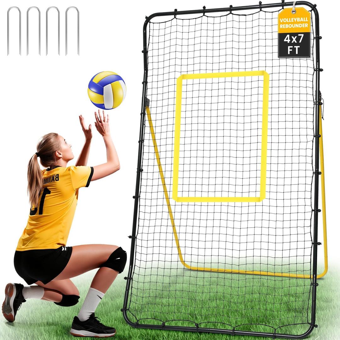 BAGAIL Volleyball Rebounder Net 7x4 Ft, Bounce Back Training Equipment with Adjustable Angles for Practicing Volleying, Bumping, Spiking, Easy Set Up & Sturdy Base for Multi Sports (Yellow)