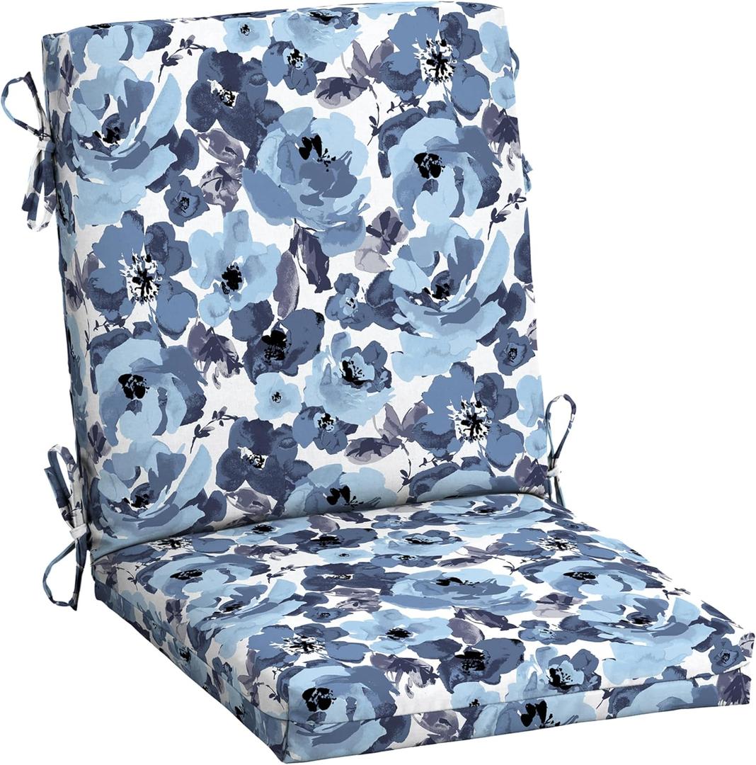 Arden Outdoor Midback Chair Cushion, 18 x 16.5, Rain-Proof, Fade Resistant Blue Garden Floral