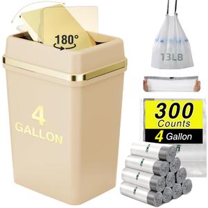 Bathroom Trash Can with Lid 4 Gallon Trash Can with Swing Lid Beige Small Garbage Can Bathroom Garbage Can with 300 Counts Trash Bags for Kitchen Bedroom Office