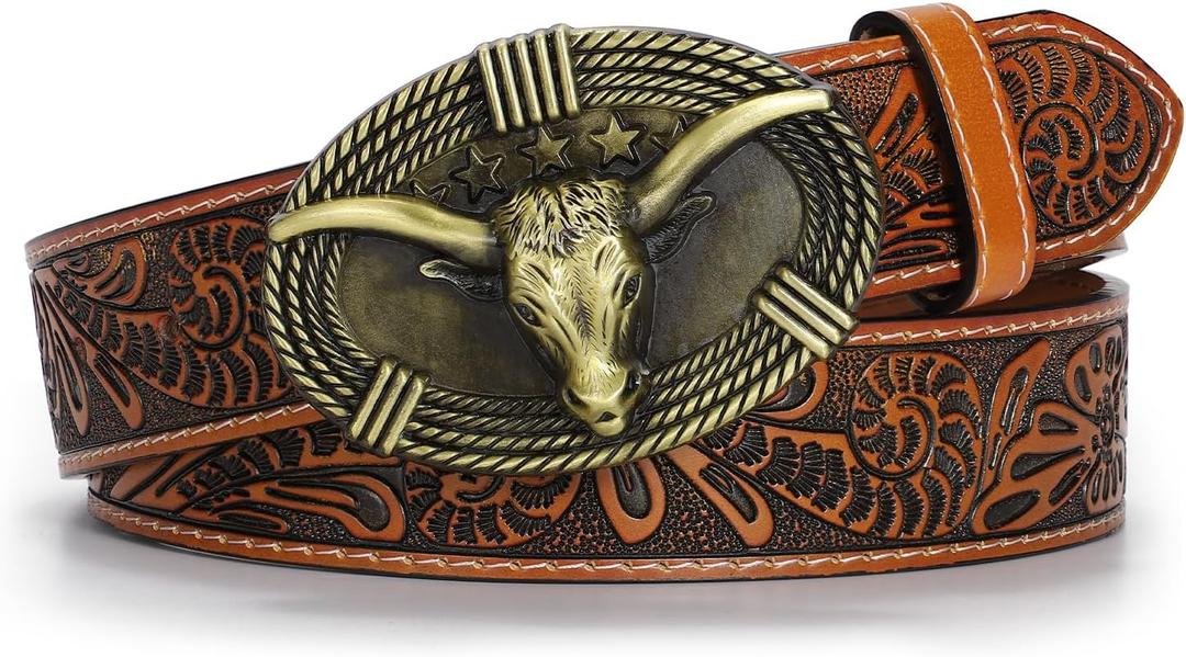 Cowboy Belts for Men Women Leather Mens Western Cowboy Belt Buckle | Genuine Leather, Embossed Western Belt, Zinc Alloy Bull Buckle, Adjustable, for Halloween Rodeo Concert Costume Party, 110 CM