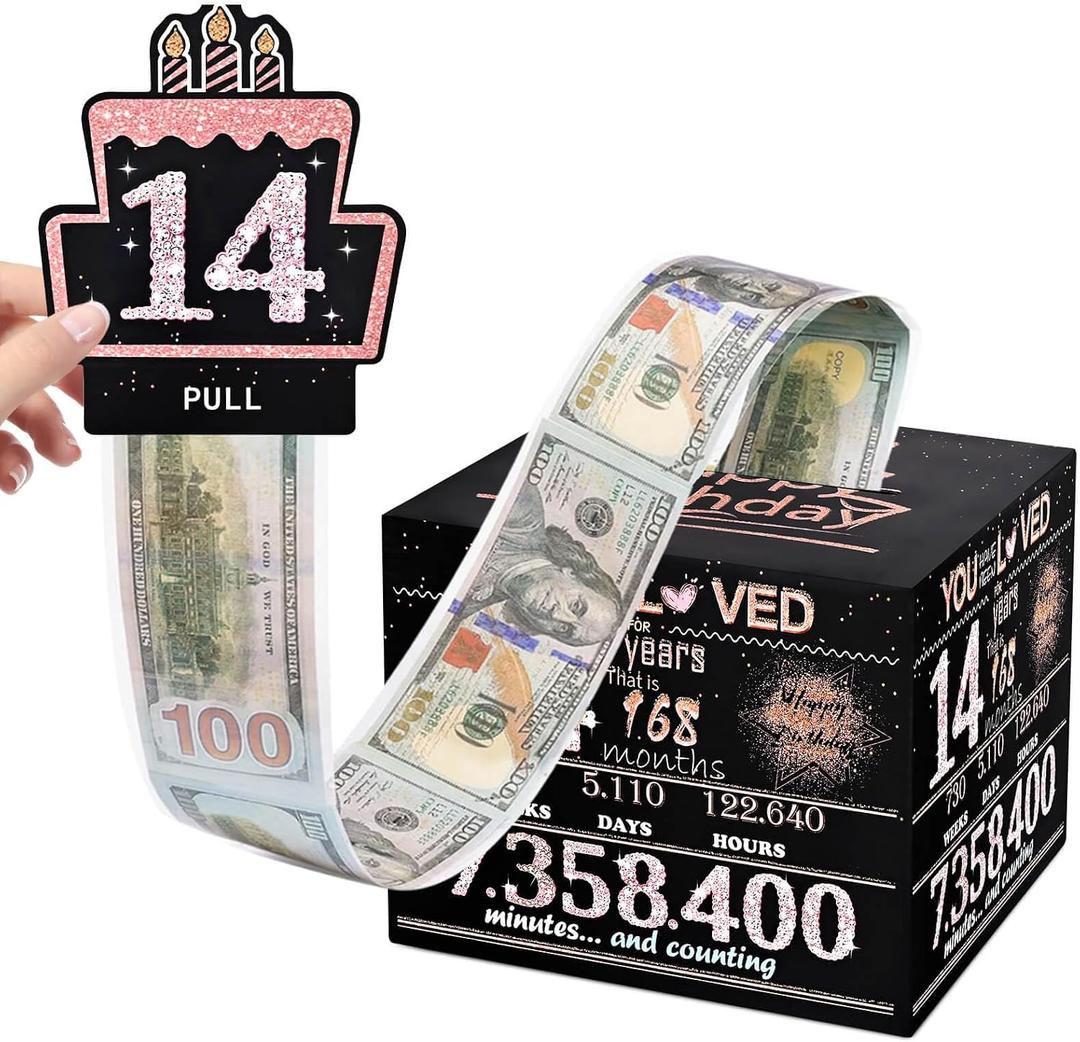 2 x Money Gift Box, 14th Birthday Decorations For Girls, Birthday Gifts For 14 Year Old Girl With 100Pcs Transparent Bags - Black & Rose Gold