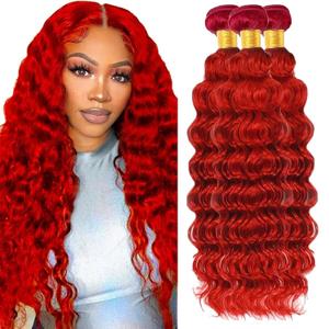 Red Human Hair Bundles Deep Wave 26 28 30 Inch Curly Human Hair 100% Unprocessed Brazilian Virgin Hair 3 Bundles for Women Wet and Wavy Hair Bundle Extensions