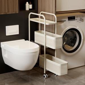 Slim Storage Cart 3 Tier with Pull Out Metal Basket Bathroom Organizer Rolling cart, Installation-Free Rolling Utility Cart Slide Out Organizer for Kitchen, Bathroom, Laundry (White, 3 Tier)