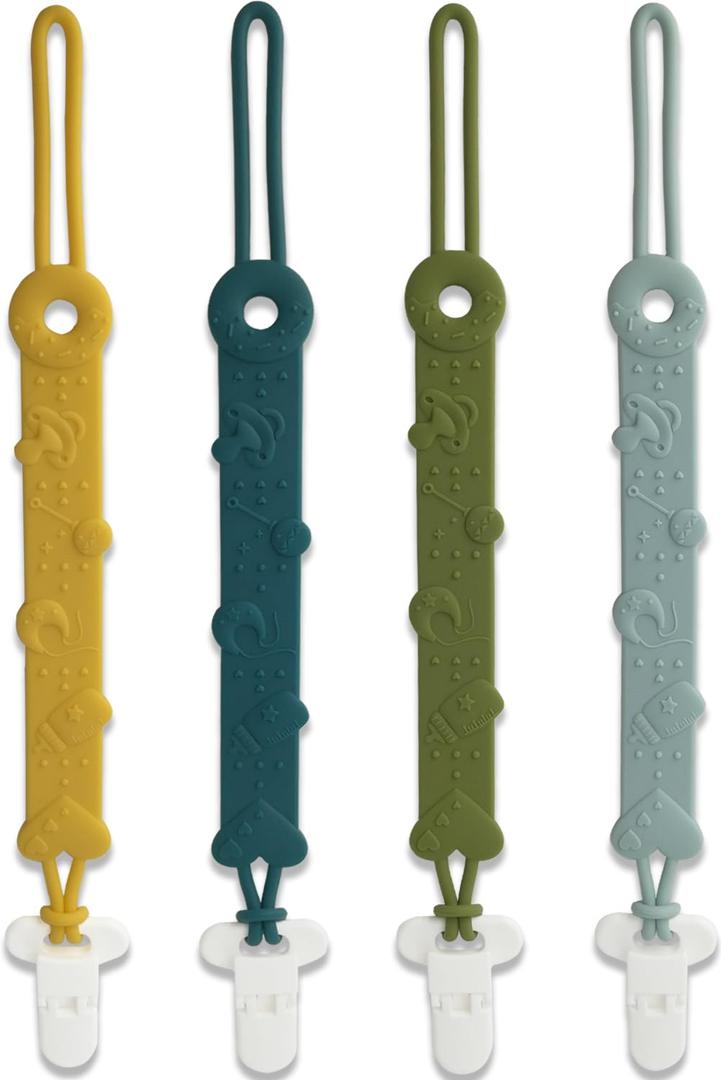 Pacifier Clip MOBU 4 Pack Silicone Pacifier Clips Holder for Baby Boy Girl Newborn Essentials One Piece Design Universal Pacifier Holder Birthday,Shower Gift (4 Colors_)