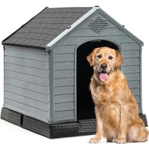 YITAHOME Plastic Dog House, Waterproof Indoor Outdoor Doghouse for Large or Small Dog, with Air Vents and Elevated Floor, Easy Assemble and Clean (Black+Gray)