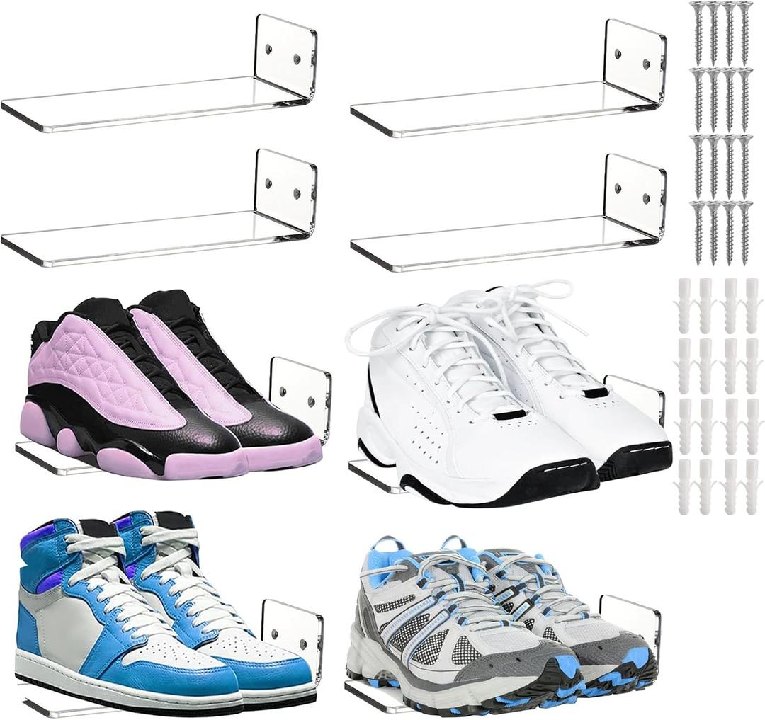 Youeon 8 Pack Floating Shoe Display Shelf, 8 x 3 Inch Acrylic Shoe Shelf for Wall, Floating Sneaker Shelves, Hanging Shoe Shelves for Bedroom, Gaming Room, Sneaker Collection, Easy to Install