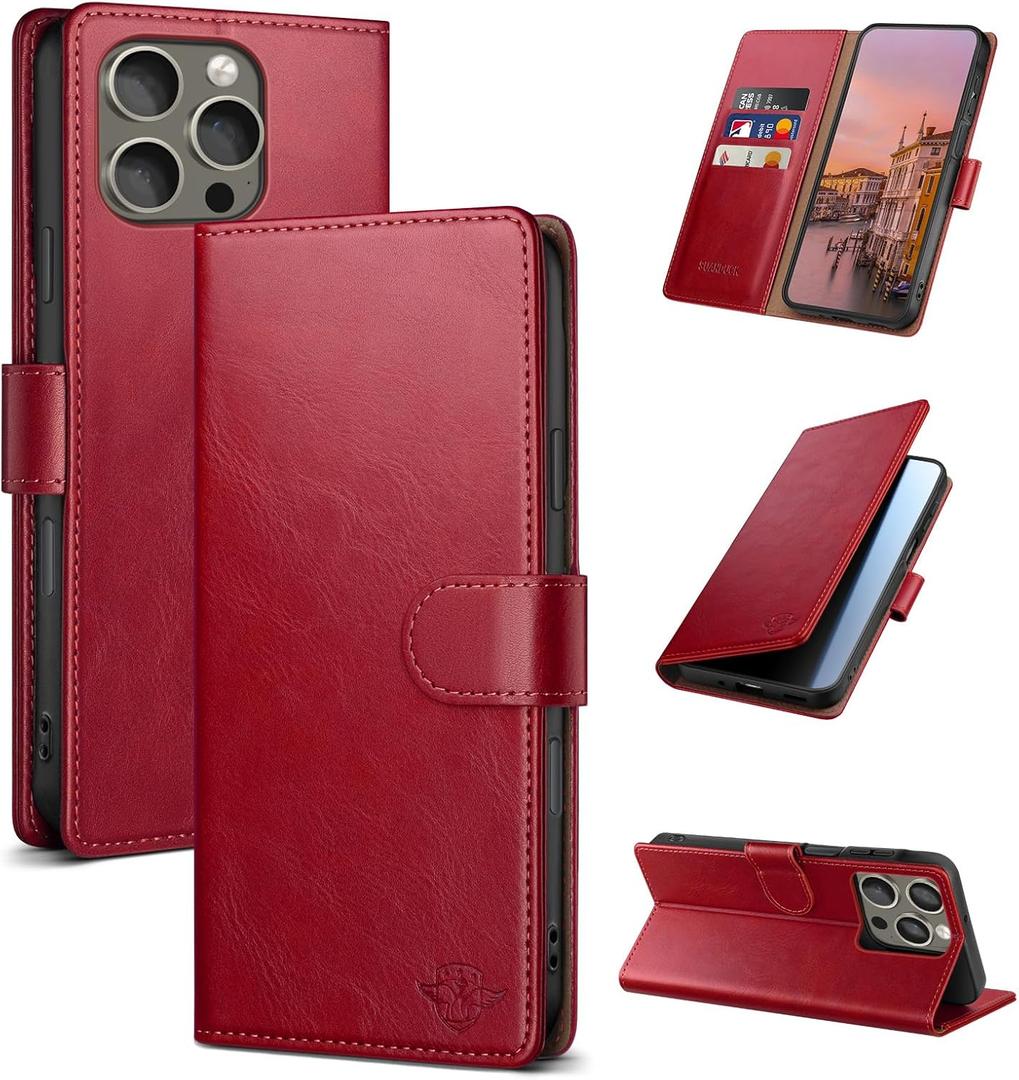 Wallet Case for iPhone 16 Pro 6.3" with RFID-Blocking Credit Card Holder, PU Leather Folio Flip Cover Women Men Protective Phone Case Compatible with Apple 16 Pro, Red