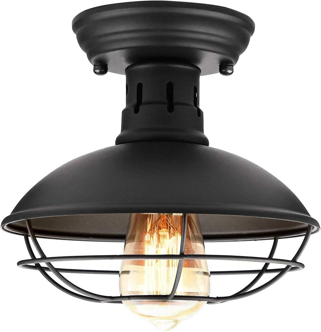 Farmhouse Flush Mount Ceiling Light - Easric Industrial Ceiling Light Fixture Rustic Black Metal Cage Close to Ceiling Lamp E26 Base for Hallway Foyer Kitchen Porch