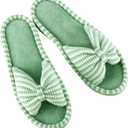 DL Women's Memory Foam Open Toe Slide Slippers with Cute Bow and Cozy Terry Lining, Slip-on House Shoes Spa Mules Sandals with Indoor Outdoor Rubber Sole (5-6, Light Green)