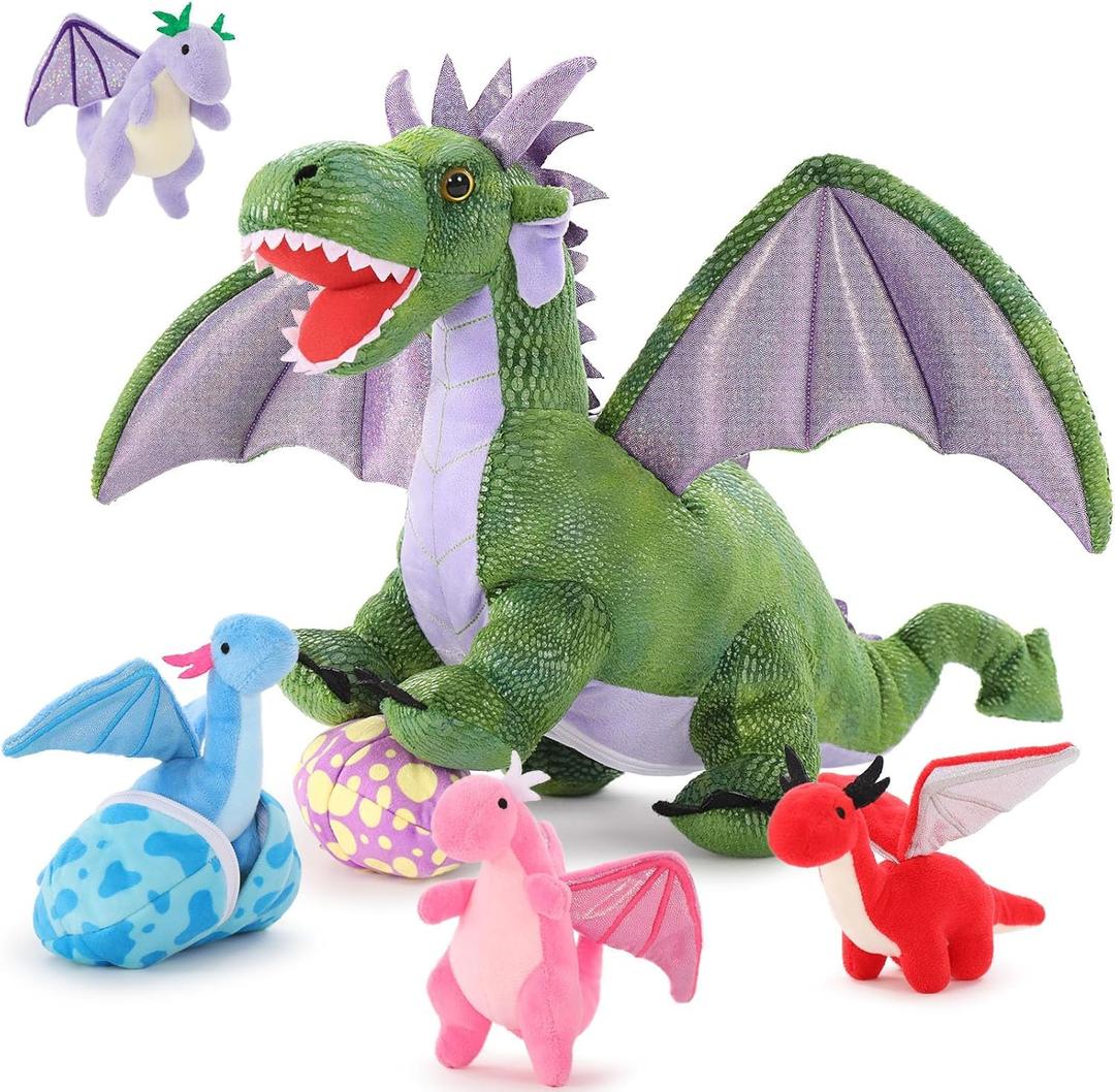 MaoGoLan 7 Pcs Dragon Plush Toy Set for Kid, 22 inch, Large Dragon Stuffed Animal with 4 Babies and 2 Eggs in Mom's Belly,Dinosaur Plush Gifts for Boy Girl Birthday Christmas Party Decor Green