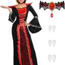 Xtinmee 5 Pcs Women Royal Vampire Costume Halloween Costume Adult Dress Victorian Vampire Teeth Fangs Necklace Role Playing (Small)