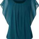 BAISHENGGT Womens Summer Tops Flutter Short Sleeve Pleated Front Mesh Shirts Dressy Casual Blouses (Large, Turquoise-solid)