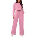 PINSV Women's 2 Piece Outfits Sweatsuit Set Long Sleeve Crop Top Drawstring Wide Leg Pants with Pockets Track Suits Casual Sets, Pink, XXL