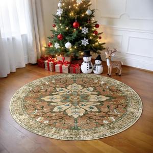 Area Rugs 4ft Washable Non-Slip, Floral Vintage Distress Print Pattern Medallion Carpet for Living Room Bedroom Dining Room, Brick Red Rust Neutral Brown Burnt Orange