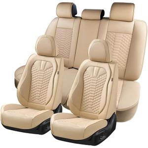 Coverado Car Seat Covers Full Set, Waterproof Nappa Leather Seat Covers for Cars, Universal 5 Seats Car Seat Covers, Front and Back Car Seat Protector, Auto Seat Covers Fit for Most Cars, Beige
