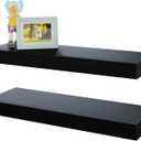 BAMEOS Floating Shelves, Black Wall Mounted Wooden Shelves with Invisible Brackets Set of 2, Hanging Wall Shelves Decoration for Bedroom, Bathroom, Living Room and Kitchen