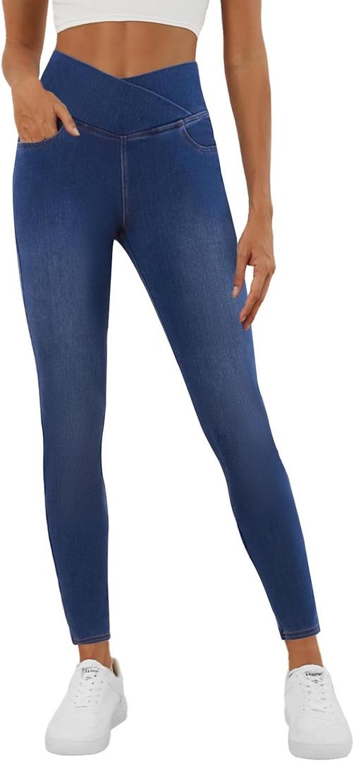 COPYLEAF Stretchy Jeans for Women Trendy Butt Lifting Leggings with Pockets Crossover Waisted Jeggings Pull on Skinny Jeans (Blue, M)