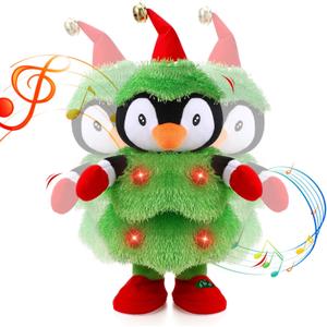 LED Musical Christmas Tree Penguin Stuffed Animal Repeats What You Say Light up Soft Plush Toy Singing Dancing Talking Record Mimicking Twisting Interactive Animated Dolls Decoration Xmas Gifts