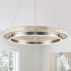 LED 2 Ring Chandelier Dimmable Up Down Light Nickel Chandelier Round Foyer Chandeliers Light Weathered Wood Circular Chandeliers for Dining Room Entry Bedroom Office Living Room
