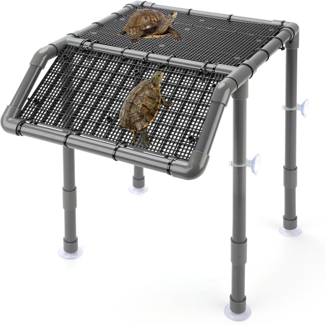 SKARUS Adjustable Standing Turtle Basking Platform (6.49"-15.16" H)  13.4"9.8" Large Suspended Aquarium Dock with Full-Width Non-Slip Ramp, Above Water Dry Area for 40125 Gallon Tanks