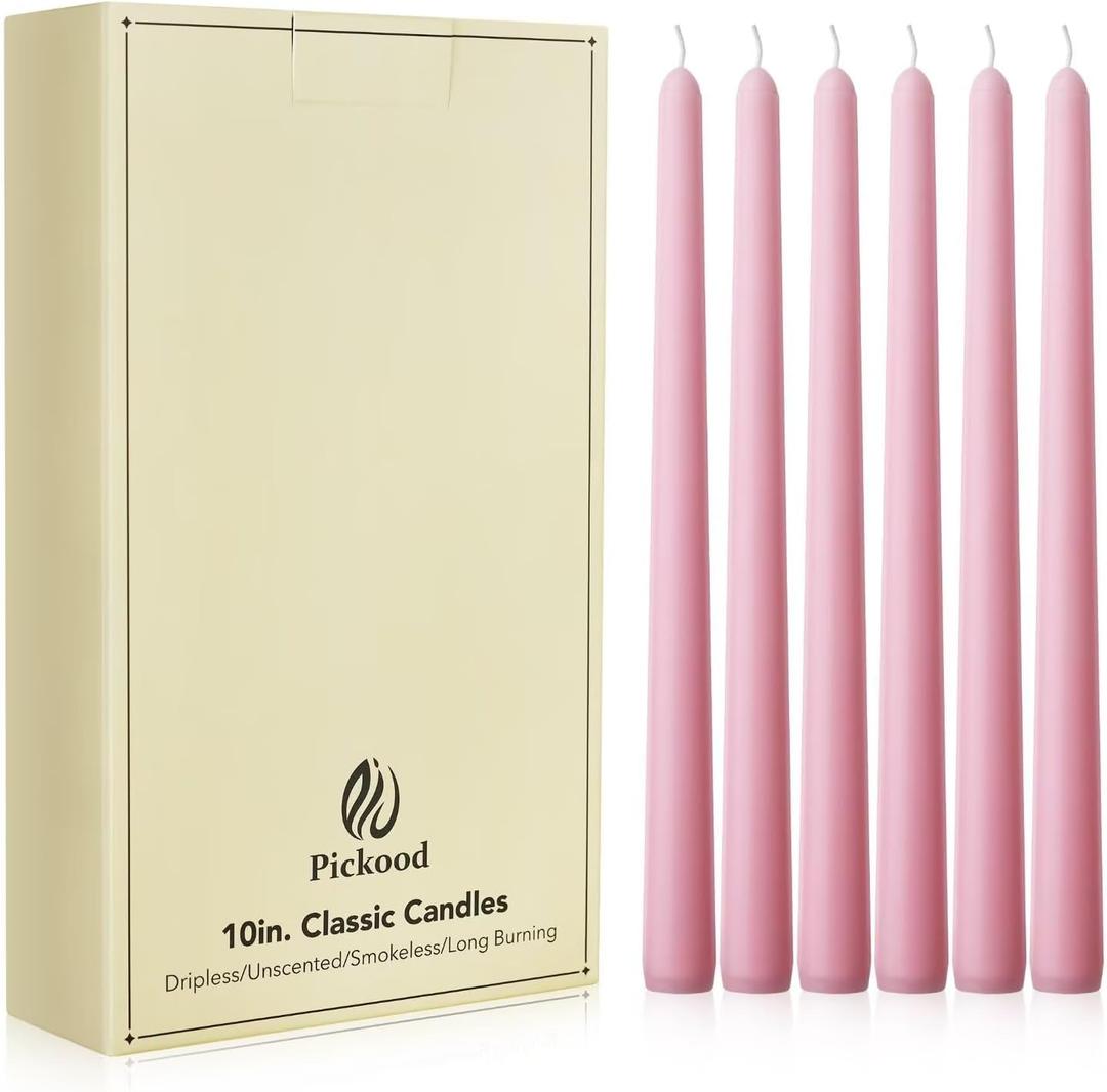 New Burning Formula Unscented Dripless 10-Inch Taper Candles Set of 12 - Pink, for Wedding, Dinner - Smokeless, Long Burning - Hand Poured, Colored Tall Candlesticks - Rosa 