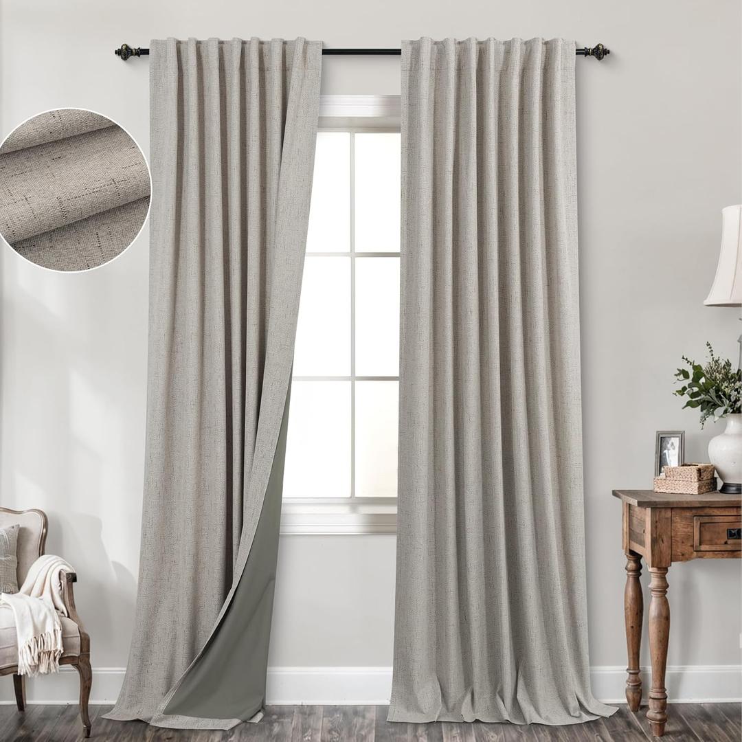 KOUFALL 94 Inch Long Blackout Curtains,Boho Taupe Linen Black Out Pleated Curtains for Bedroom Living Room 2 Panels Set