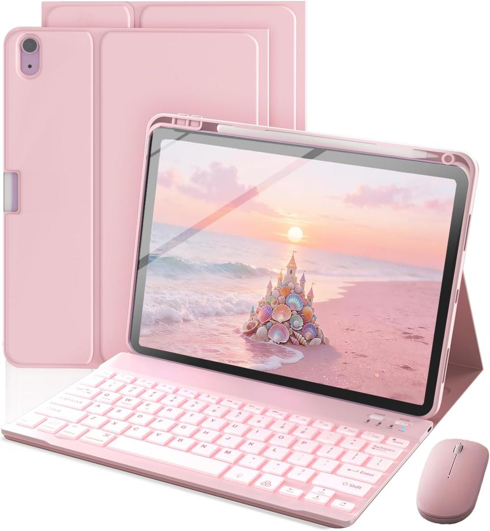 Keyboard Case for iPad A16 11th Generation 2025 / 10th Generation 2022, Mouse and 7 Colors Backlit Detachable Keyboard, Adjustable Stand Built in S Pen Holder, Auto-Sleep/Wake Feature, Pink