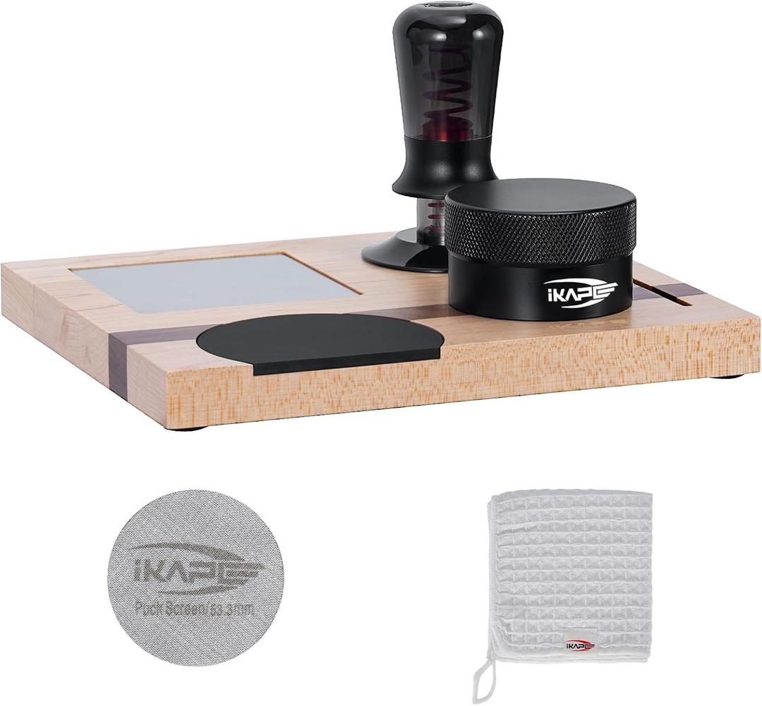 IKAPE 53MM Espresso Tamper Kit 5 IN 1, Espresso Tool Kit with Semi-Transparent Coffee Tamper, Distributor, Tamper Base, Cleaning Towel, Essential for Baristas (Black)