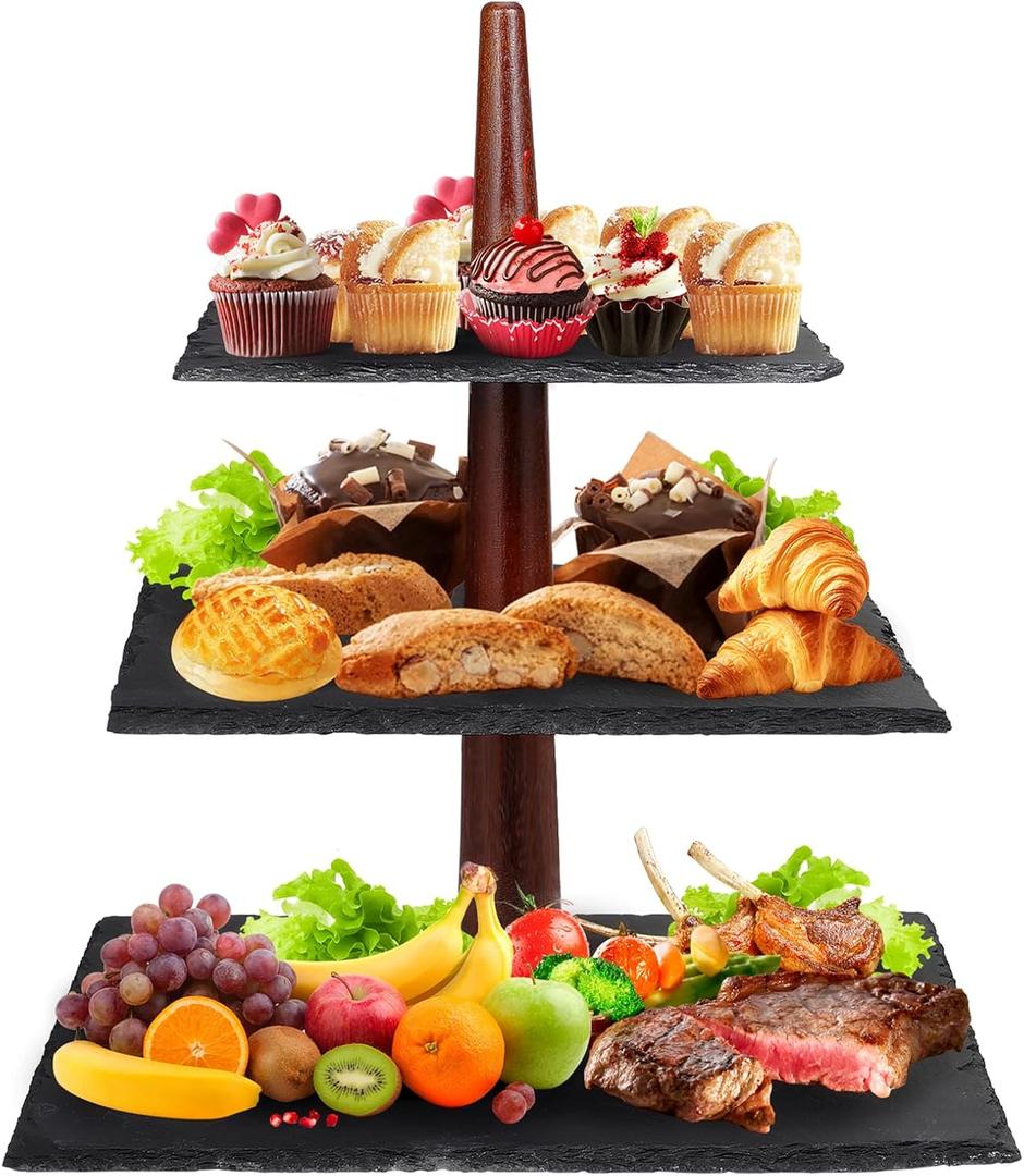 3 Tier Serving Tray 3 Tiered Tray Stand Modern and Rustic Tiered Dessert Stand Slate & Acacia Wood 3 Tier Cupcake Stand for Wedding Birthday Christmas (Square)