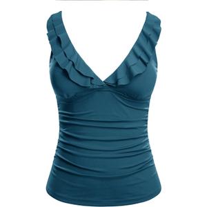 Yonique Women's Tankini Top Only Tummy Control Bathing Suit Top Ruffle Swimsuit Top V Neck Swim Tank Top No Bottom (Medium, Malachite Green)