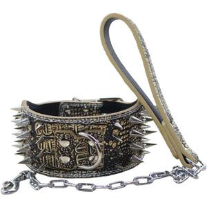 3 inches Wide Leather 4 Rows Spiked Studded Dog Collar + Dog Leash Lead Set Heavy Duty Fit Pit Bull Terrier Mastiff(Gold Brown,M)