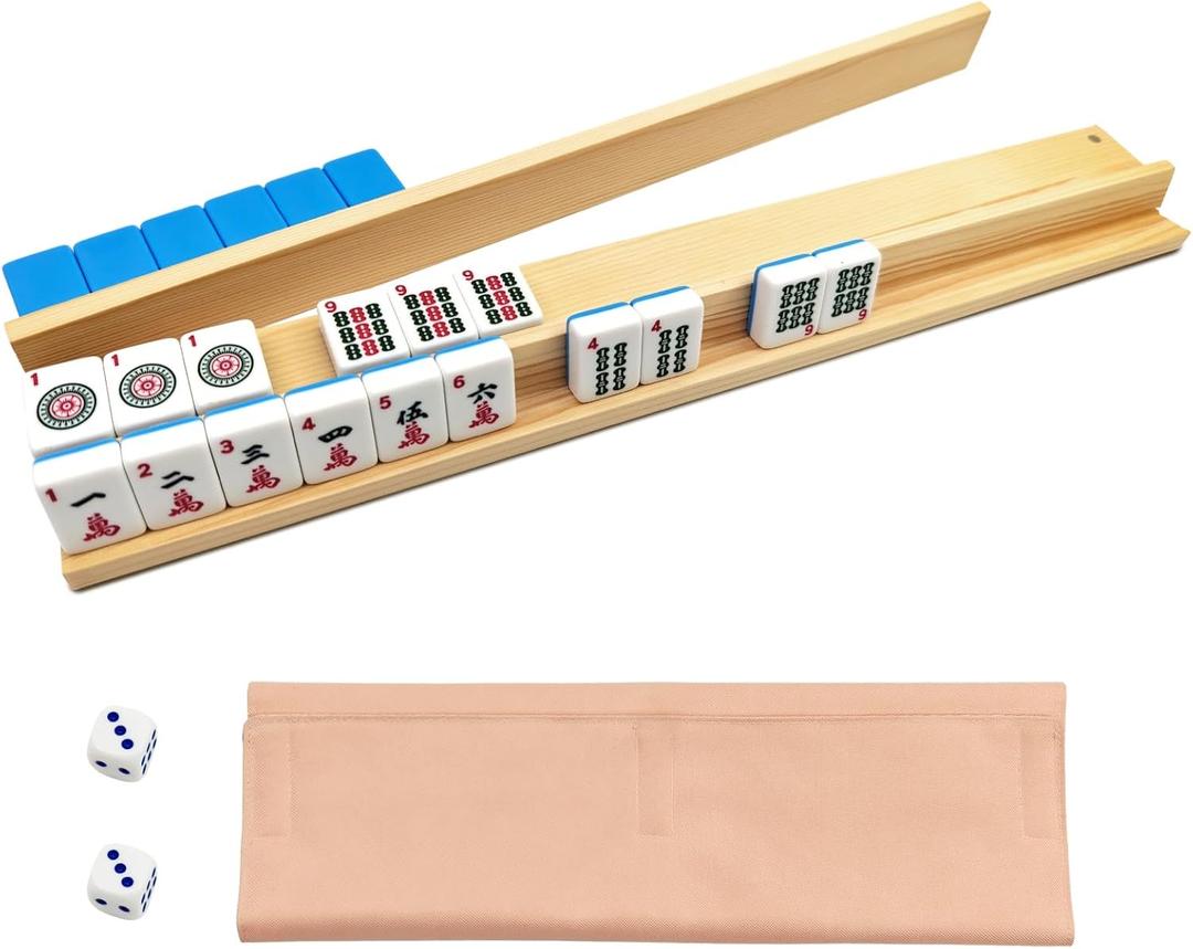 Mahjong Racks with Magnetic Pushers for American Mahjong, 17.3 Inch Wooden Tile Holder Set of 4, Adult Card Game Accessories with Dice and Storage Bags