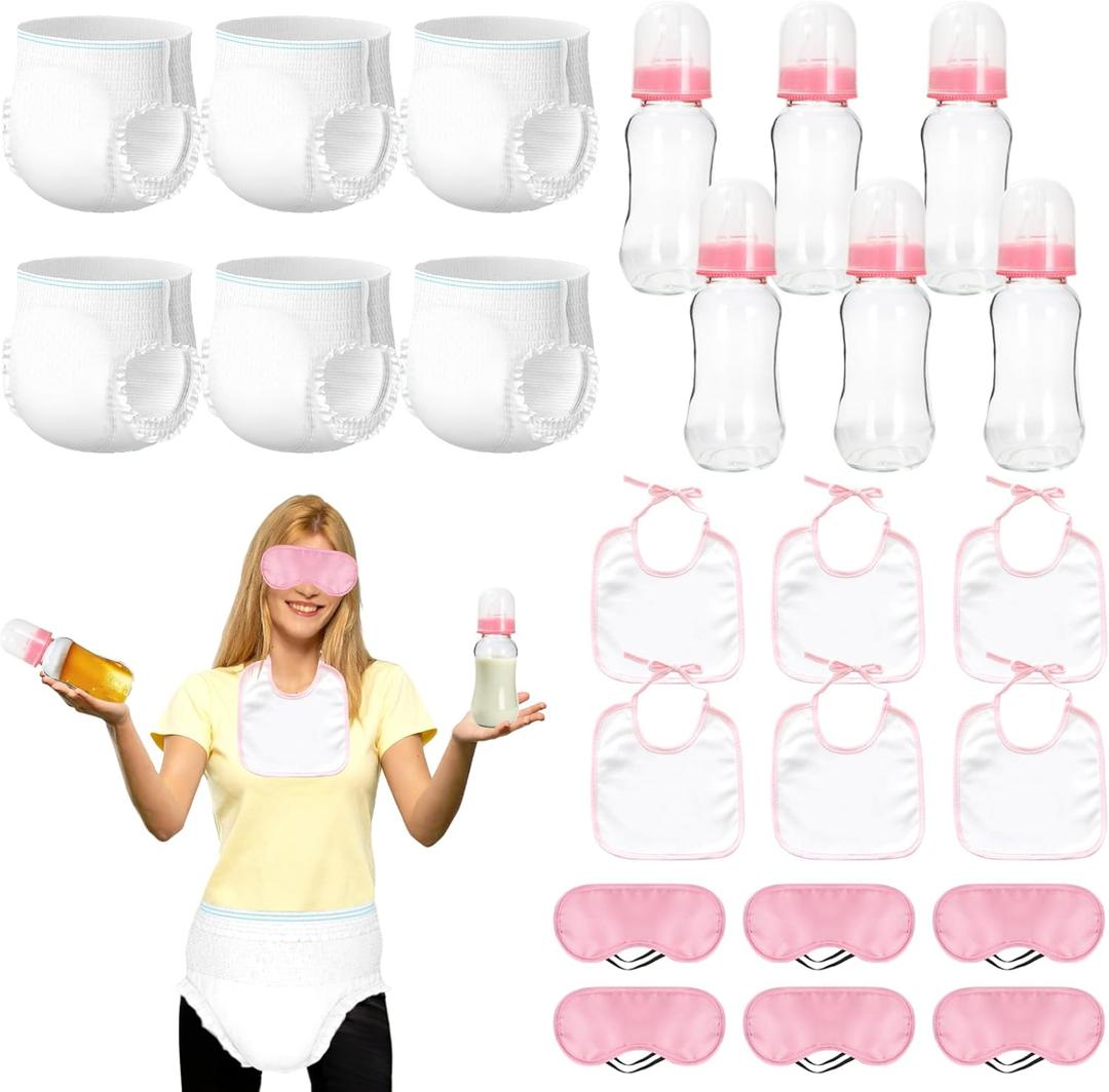 6 Sets Bottle Chug Baby Shower Games Plastic Baby Bottles Bibs Eye Mask Disposable Diapers Gender Reveal Games Baby Changing Diaper Race Game Decorations (Pink)