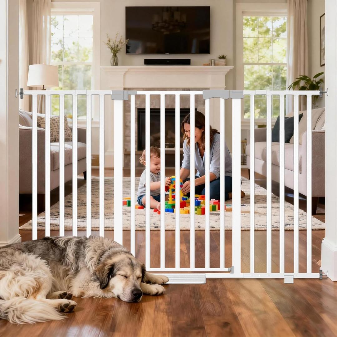 30"-62.5" Extra Wide Baby Gate for Doorways/Hallways,Pressure-Mounted Dog Gate Indoor for Stairs, Auto Close Pet Door for Child/pet Proof Safety, No Need Drilling, White