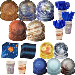 355pcs Space Birthday Decorations for 50 Guests Party Supplies Include Paper Plate, Napkin, Cup and Disposable Plastic Tableware