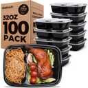 100 Pack (200-Piece)32 oz Meal Prep Containers,2-Compartment Reusable Food Storage Containers with Lids,Microwave Freezer Dishwasher Safe,Sturdy Leakproof&BPA Free Bento Box for To Go Take Out