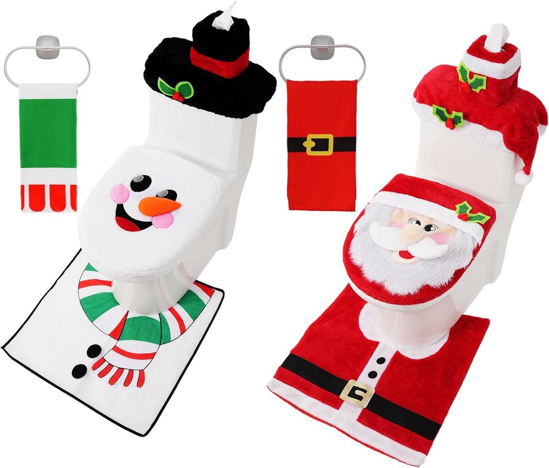 JOYIN 2 Set 5 Pieces Christmas Theme Bathroom Decoration Set w/Toilet Seat Cover, Rugs, Tank Cover, Toilet Paper Box Cover and Santa Towel for Xmas Indoor Dcor, Party Favors (Santa & Snowman)