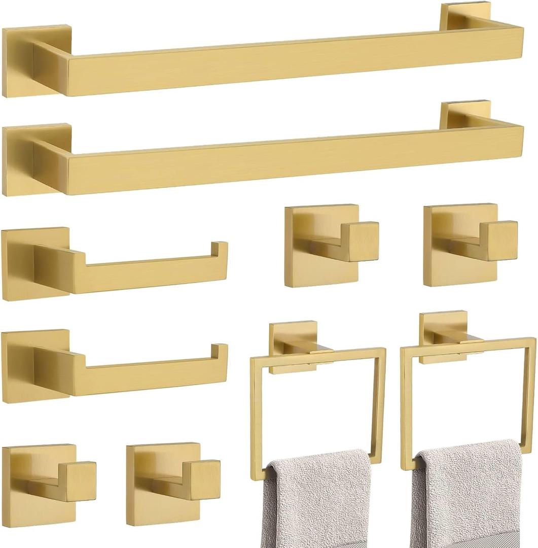 TNOMS Brushed Gold 10 Pieces Bathroom Hardware Accessories Set Towel Bar Set Towel Holder&Racks Set for Bathroom,SUS304 Stainless Steel,Wall Mounted 16-Inch