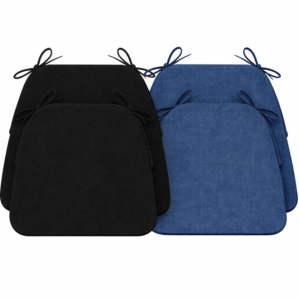 AAAAAcessories D-Shaped Chair Cushions, 2" Thick Dining Chair Pads with Ties and Removable, Machine-Washable Cover, 17" x 16", Set of 4, Black/Blue