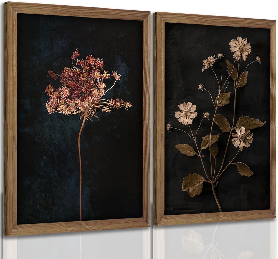 2Pcs Framed Vintage Wall Art Prints, Retro Moody Floral Botanical Canvas Painting Farmhouse Decor, Black Dark Flower Picture Poster for Bathroom, Bedroom, Living Room, Gallery 12X16In