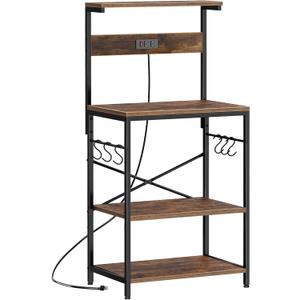 SUPERJARE Kitchen Bakers Rack with Power Outlet, Coffee Bar Table 4 Tiers, Kitchen Microwave Stand with 6 S-shaped Hooks, Storage Shelf Rack for Spices, Pots and Pans - Rustic Brown