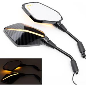 Mokuo 10MM Rearview Mirrors LED Running Light Turn Signal Light Side Mirror with Front arrow LED for 10mm Handlebar Motorcycle Yamaha Honda Suzuki, Carbon Fiber Style