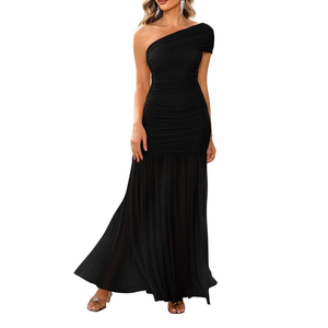 LAGSHIAN Women's Elegant Formal Long Dress One Shoulder Sleeveless Ruched Bodycon Evening Dress , S