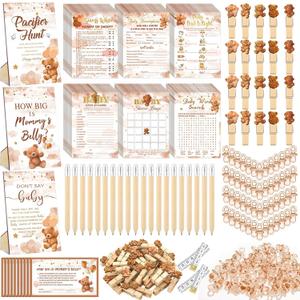 Sherr 476 Pcs Brown Bear Baby Shower Games 6 Sets Activities Cards Pacifier Hunt Game 50 Pacifiers How Big is Mommy's Belly Sign 50 Guessing Cards 2 Measuring Tape Don't Say Baby Sign 50 Clothespin