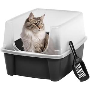 IRIS USA Large Open Top Cat Litter Box with High Sides, Scatter Shield & Scoop, Black - Easy Clean Plastic Litter Pan for Indoor Cats, Kittens or Multicat Homes