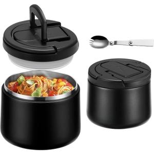 14oz Insulated Vacuum Food Jar with Buckle Lid,Soup Thermo for Hot Food Kids,Wide Mouth Leakproof Stainless Steel Lunch Container with Spoon-Black