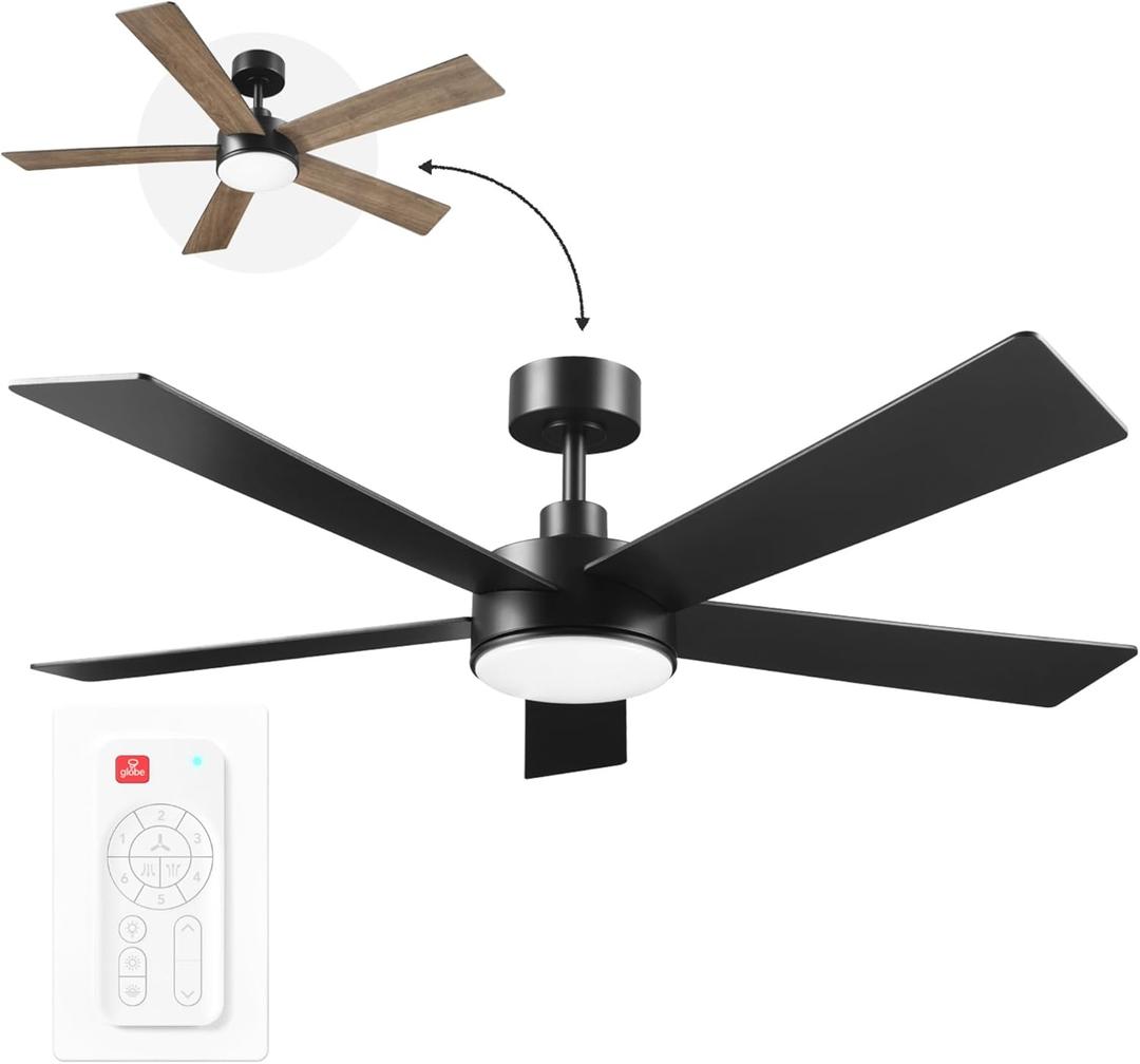 Globe Electric Veloria 52 in. Ceiling Fan with LED Light, Remote Control, WhisperQuiet DC Motor, 6 Speeds, Matte Black, Reversible Blades