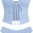 seamoly Women's Tankini Sets Tie Front Ruffle Bikini Set High Cut Thong Two Piece Swimsuit Floral Gingham Bathing Suit (Blue, L)